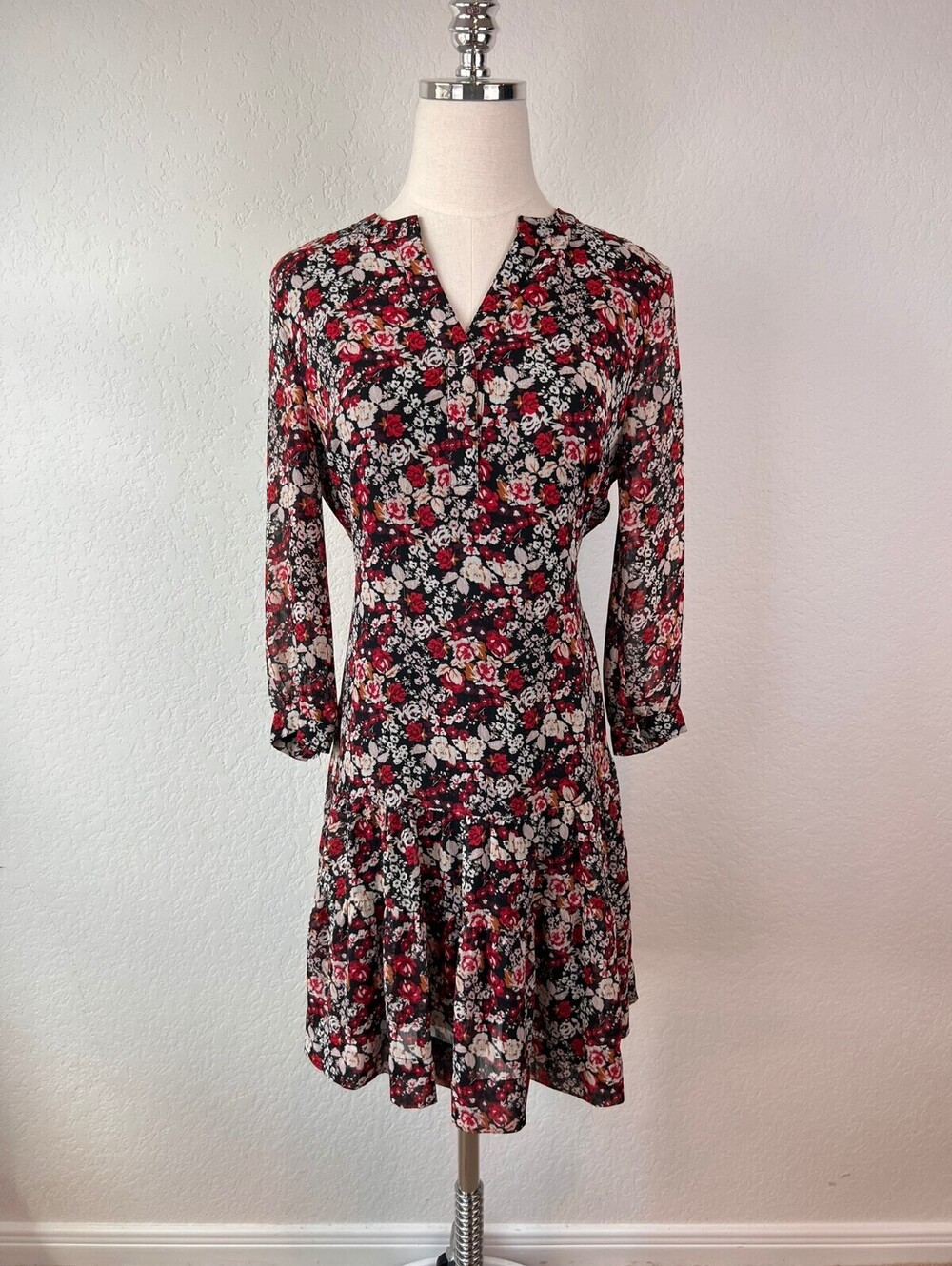 Rose & Olive Black and Red Floral Mini Dress Tie Waist Cottagecore size Small